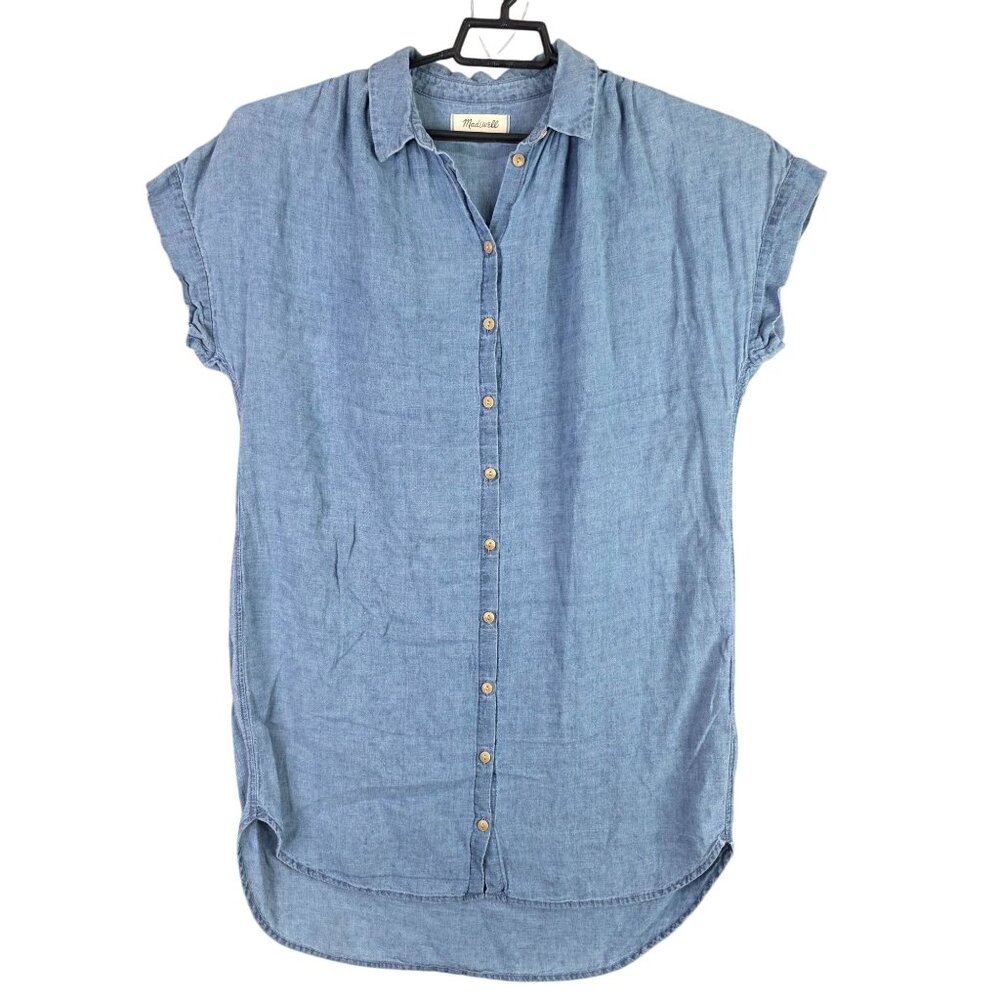 Womens Madewell Blue Linen Blend Shirt Dress Button Up Cap Sleeves Size M